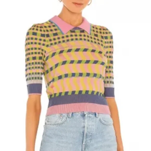 DIANE VON FURSTENBERG Jenny short sleeved knot top floating gingham pink size XL - Picture 1 of 13